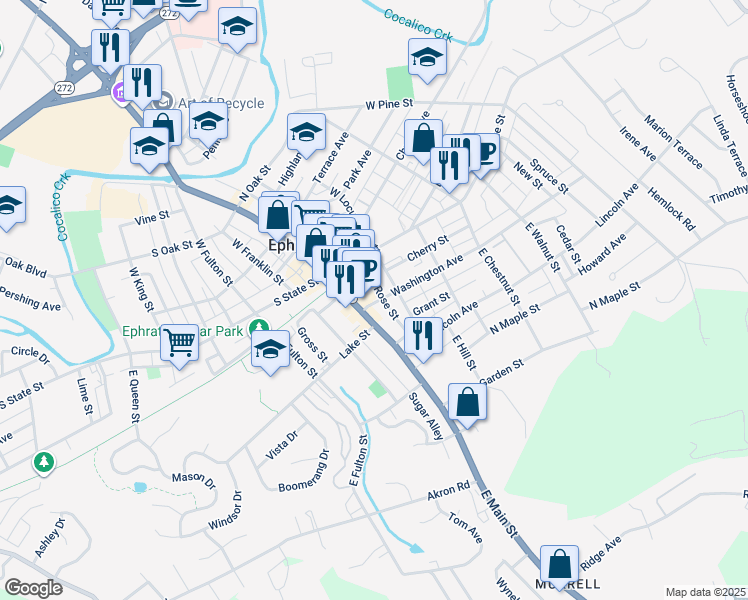 map of restaurants, bars, coffee shops, grocery stores, and more near 18 Washington Avenue in Ephrata Township