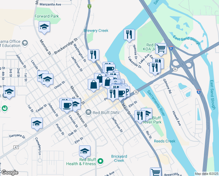 map of restaurants, bars, coffee shops, grocery stores, and more near 747 Main Street in Red Bluff