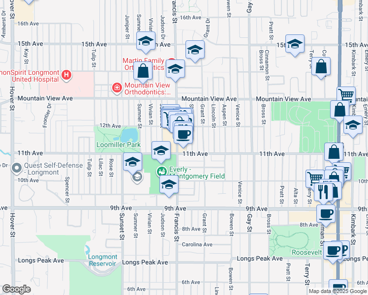map of restaurants, bars, coffee shops, grocery stores, and more near 1427 11th Avenue in Longmont