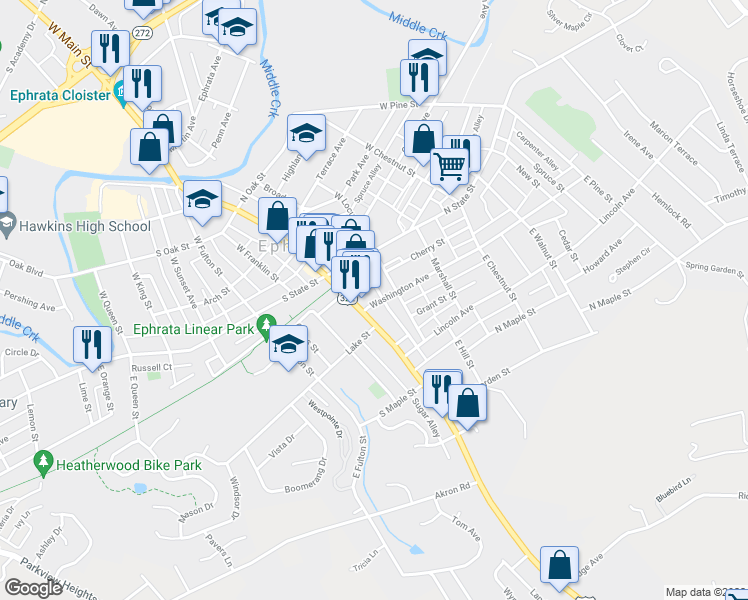 map of restaurants, bars, coffee shops, grocery stores, and more near 18 Washington Avenue in Ephrata Township