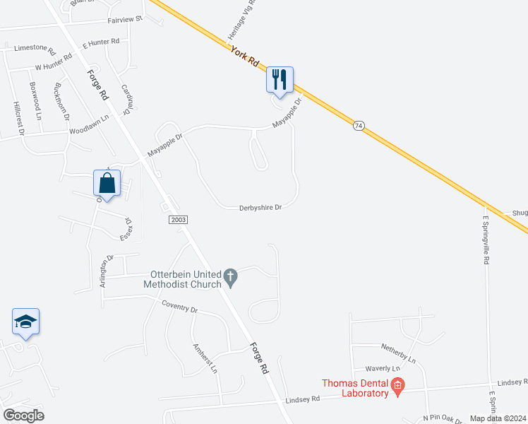 map of restaurants, bars, coffee shops, grocery stores, and more near 41 Derbyshire Drive in Carlisle