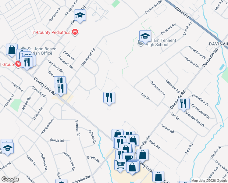 map of restaurants, bars, coffee shops, grocery stores, and more near 155 Crockett Road in Warminster