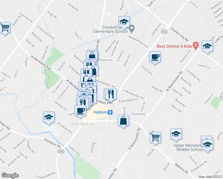 map of restaurants, bars, coffee shops, grocery stores, and more near 48 North Penn Street in Hatboro