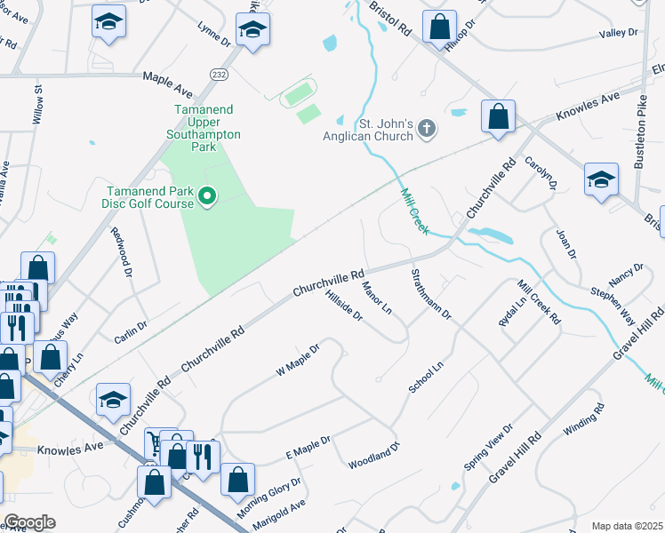 map of restaurants, bars, coffee shops, grocery stores, and more near 1160 Churchville Road in Southampton