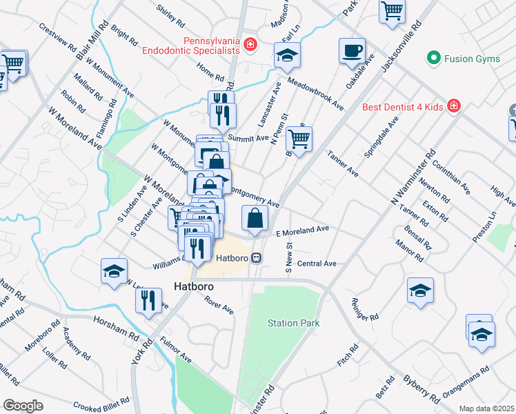 map of restaurants, bars, coffee shops, grocery stores, and more near 48 North Penn Street in Hatboro