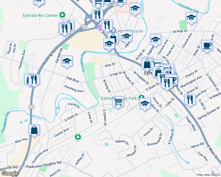map of restaurants, bars, coffee shops, grocery stores, and more near 111 West King Street in Ephrata