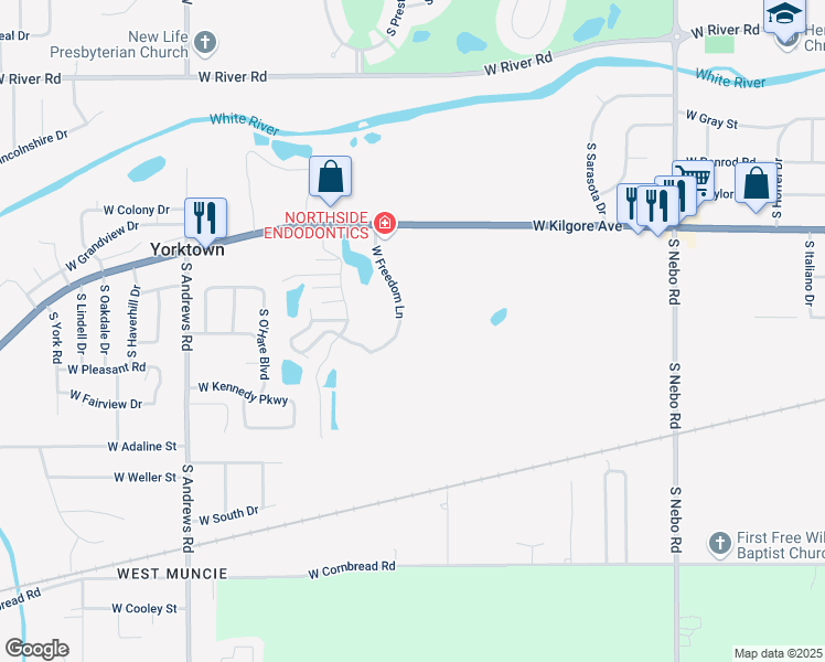 map of restaurants, bars, coffee shops, grocery stores, and more near 7021 West Kilgore Avenue in Yorktown