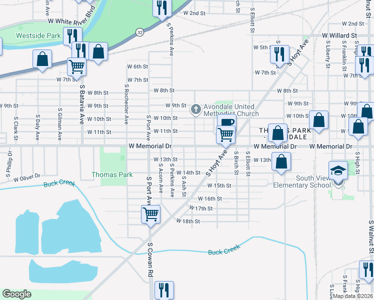 map of restaurants, bars, coffee shops, grocery stores, and more near 1418 West 13th Street in Muncie