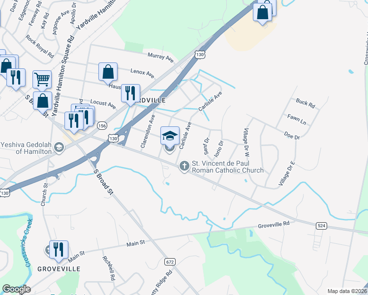 map of restaurants, bars, coffee shops, grocery stores, and more near 27 Carlisle Avenue in Hamilton Township
