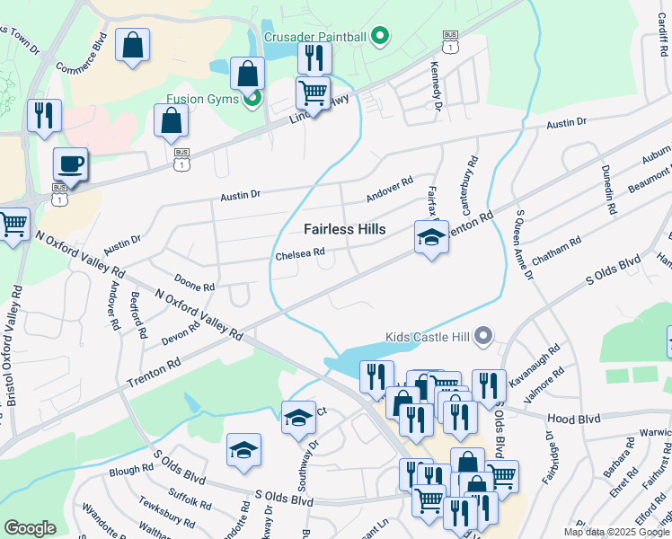 map of restaurants, bars, coffee shops, grocery stores, and more near 364 Chelsea Place in Fairless Hills