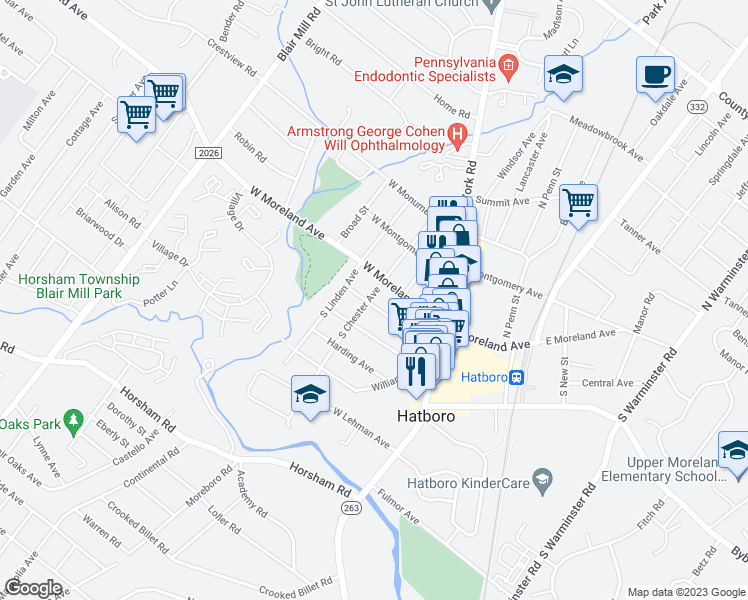 map of restaurants, bars, coffee shops, grocery stores, and more near 66 Franklin Avenue in Hatboro