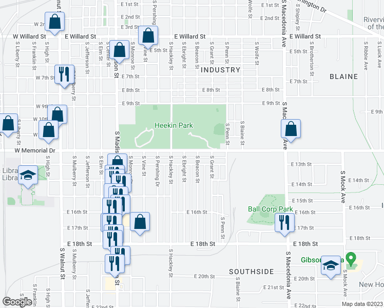 map of restaurants, bars, coffee shops, grocery stores, and more near 1021 East Memorial Drive in Muncie