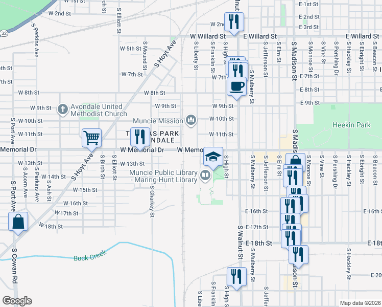 map of restaurants, bars, coffee shops, grocery stores, and more near 411 W 12th St in Muncie