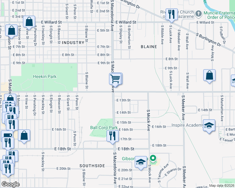 map of restaurants, bars, coffee shops, grocery stores, and more near 1720 East 13th Street in Muncie