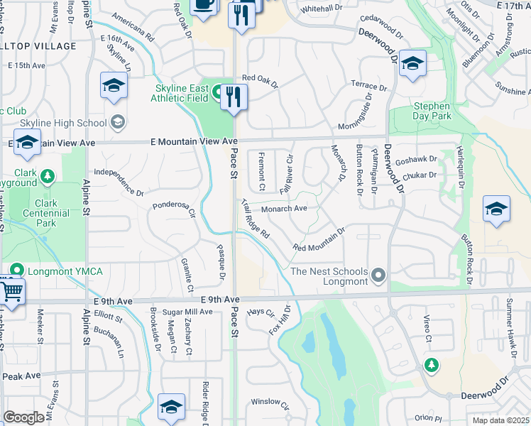 map of restaurants, bars, coffee shops, grocery stores, and more near 1257 Red Mountain Drive in Longmont