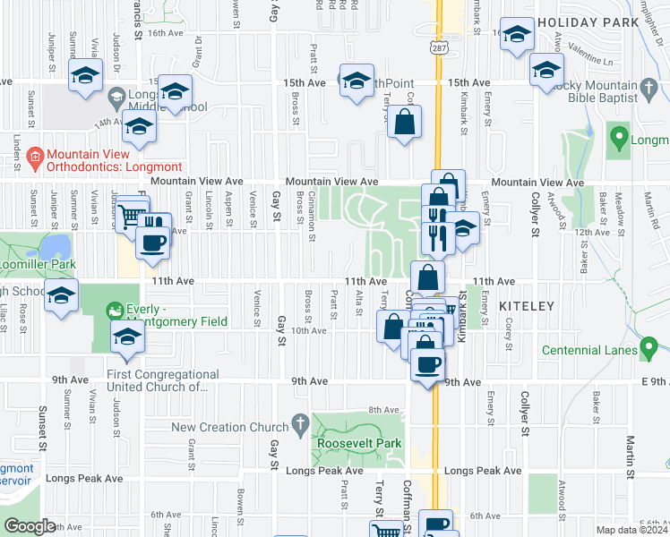map of restaurants, bars, coffee shops, grocery stores, and more near 1047 11th Avenue in Longmont