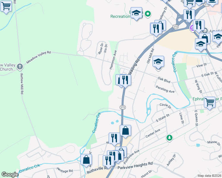 map of restaurants, bars, coffee shops, grocery stores, and more near 1190 Hammon Avenue in Ephrata