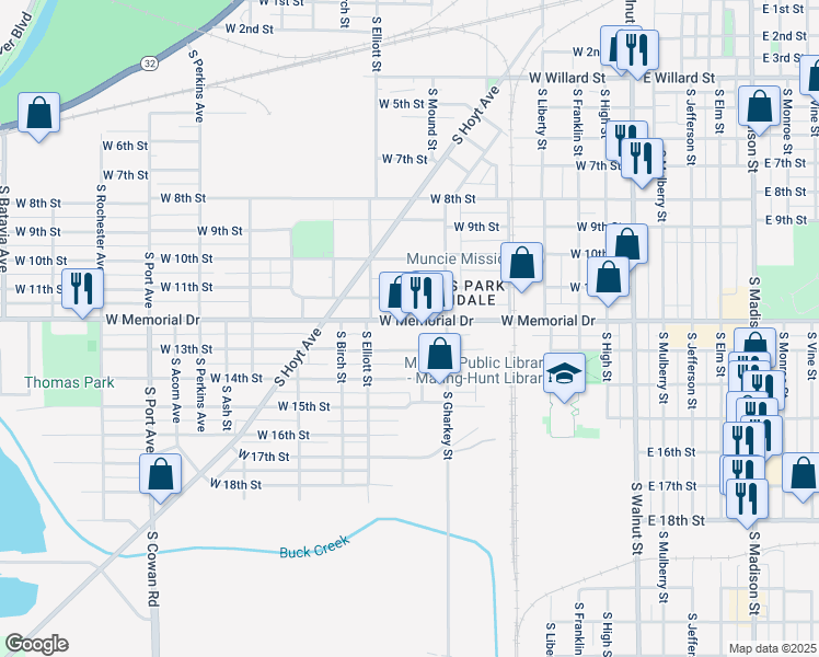map of restaurants, bars, coffee shops, grocery stores, and more near 802 West 13th Street in Muncie