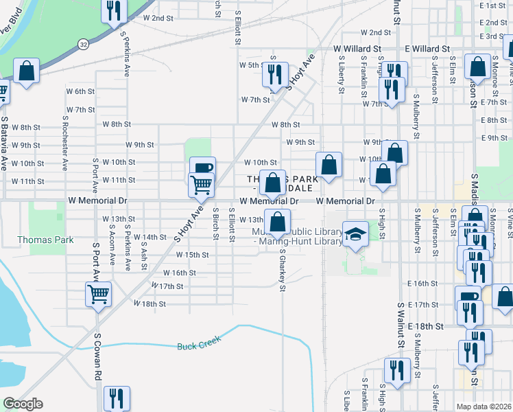 map of restaurants, bars, coffee shops, grocery stores, and more near 802 West 13th Street in Muncie