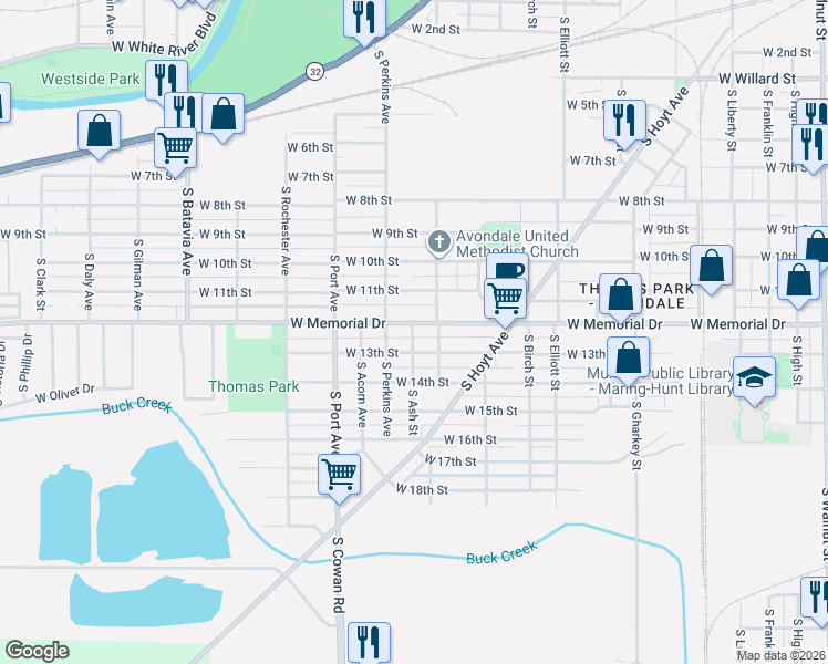 map of restaurants, bars, coffee shops, grocery stores, and more near 1418 West 13th Street in Muncie