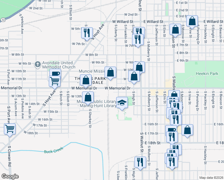 map of restaurants, bars, coffee shops, grocery stores, and more near 411 West Memorial Drive in Muncie