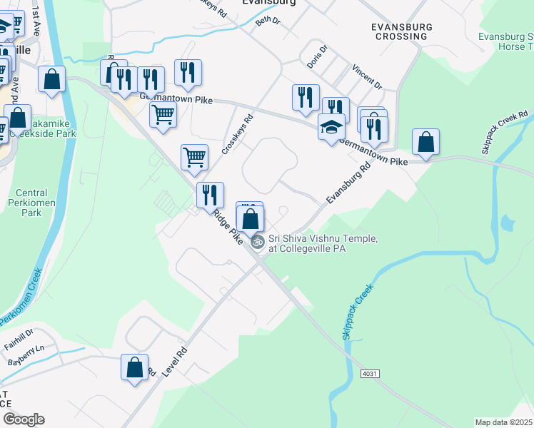 map of restaurants, bars, coffee shops, grocery stores, and more near 19 Evansburg Road in Collegeville