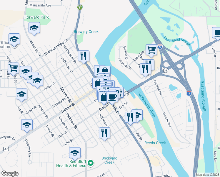 map of restaurants, bars, coffee shops, grocery stores, and more near 332 Pine Street in Red Bluff