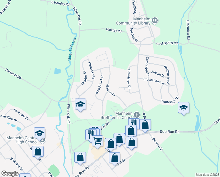 map of restaurants, bars, coffee shops, grocery stores, and more near 533 Mallard Drive in Manheim