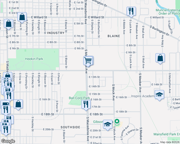 map of restaurants, bars, coffee shops, grocery stores, and more near 1707 East Memorial Drive in Muncie