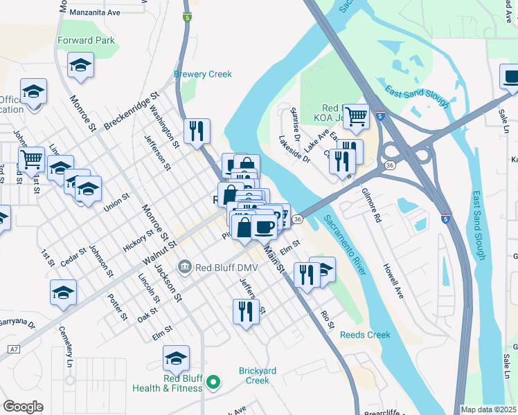 map of restaurants, bars, coffee shops, grocery stores, and more near 701 Rio Street in Red Bluff