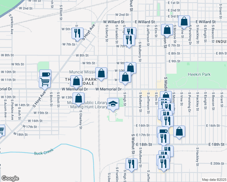 map of restaurants, bars, coffee shops, grocery stores, and more near 304 West 13th Street in Muncie