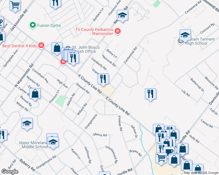 map of restaurants, bars, coffee shops, grocery stores, and more near 489 East County Line Road in Hatboro