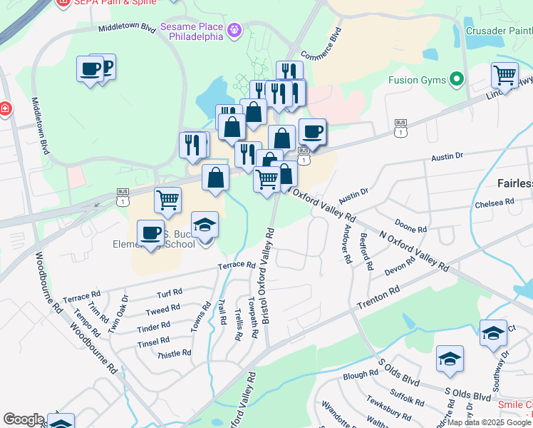 map of restaurants, bars, coffee shops, grocery stores, and more near 195 Bristol Oxford Valley Road in Langhorne