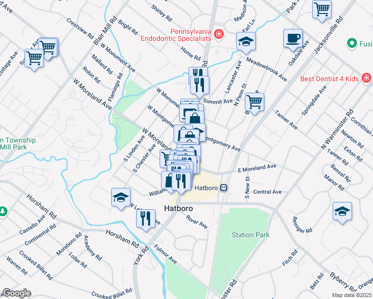 map of restaurants, bars, coffee shops, grocery stores, and more near 23 North York Road in Hatboro