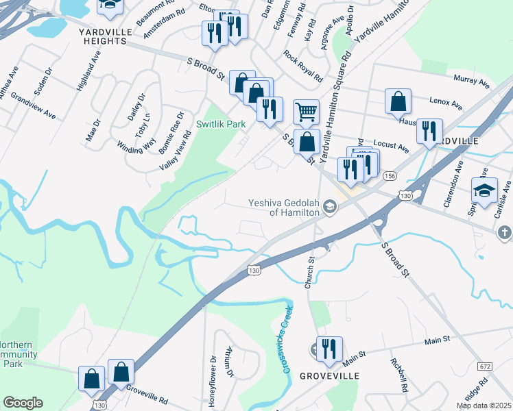 map of restaurants, bars, coffee shops, grocery stores, and more near 96 Martins Lane in Hamilton Township