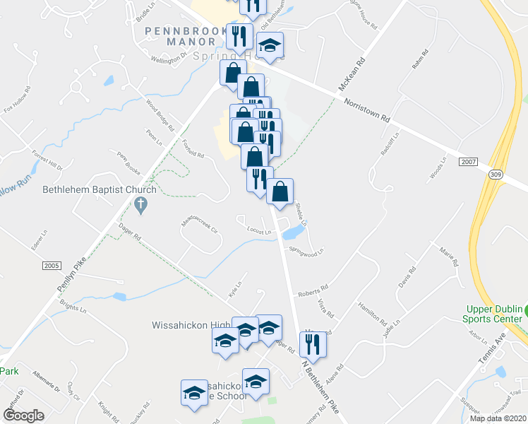 map of restaurants, bars, coffee shops, grocery stores, and more near 815 Poplar Court in Spring House