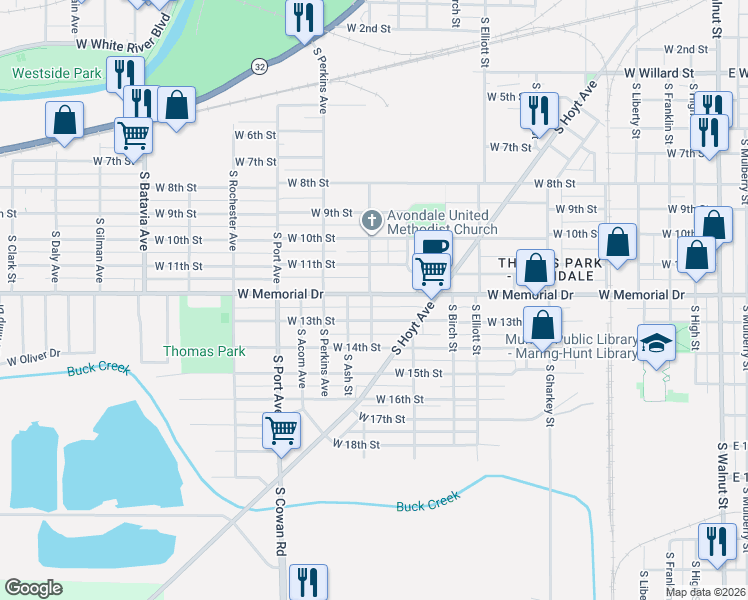map of restaurants, bars, coffee shops, grocery stores, and more near 1617 West 13th Street in Muncie