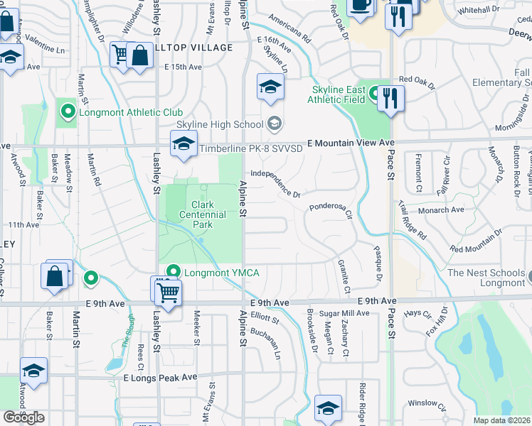map of restaurants, bars, coffee shops, grocery stores, and more near 404 Verdant Circle in Longmont