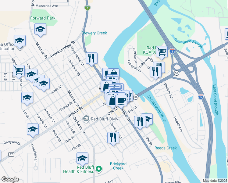 map of restaurants, bars, coffee shops, grocery stores, and more near 734 Main Street in Red Bluff