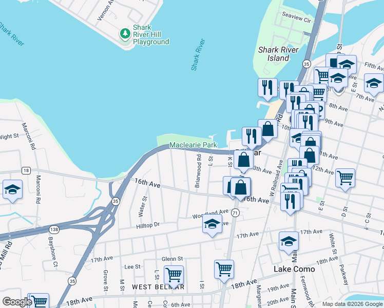 map of restaurants, bars, coffee shops, grocery stores, and more near 1407 River Road in Belmar