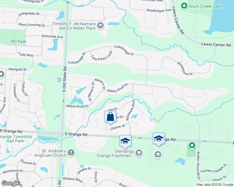map of restaurants, bars, coffee shops, grocery stores, and more near 2636 Abbey Knoll Drive in Lewis Center