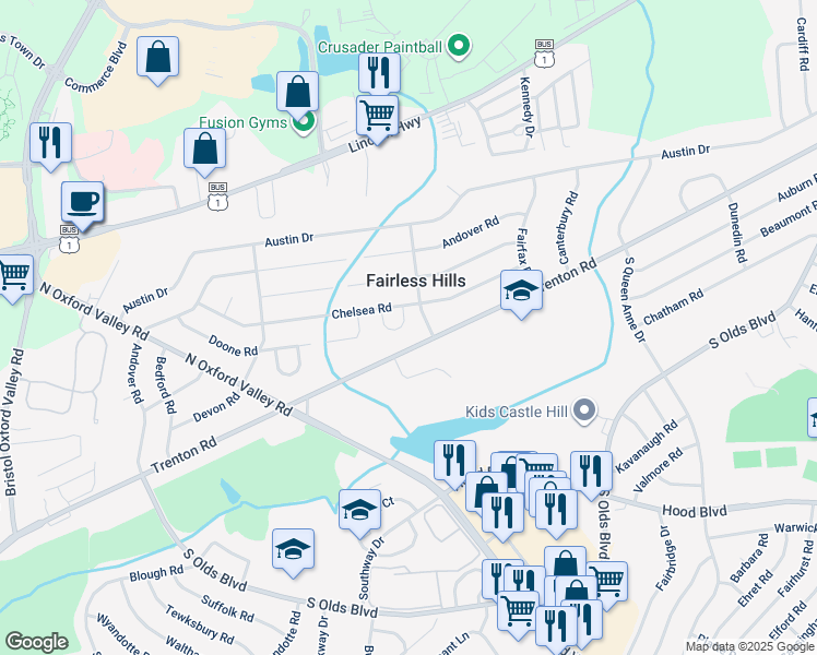map of restaurants, bars, coffee shops, grocery stores, and more near 364 Chelsea Place in Fairless Hills