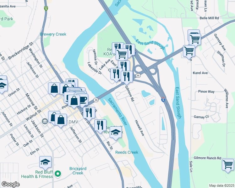 map of restaurants, bars, coffee shops, grocery stores, and more near 61 Howell Avenue in Red Bluff