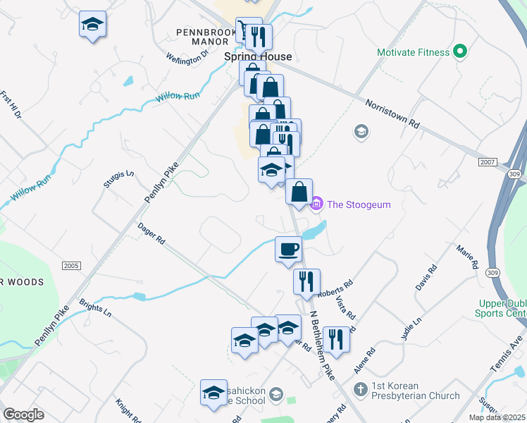map of restaurants, bars, coffee shops, grocery stores, and more near 724 Locust Lane in Spring House