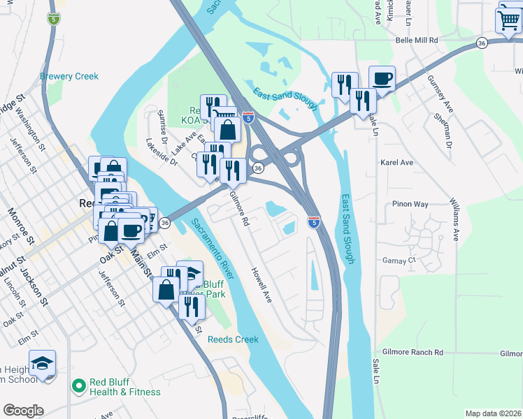 map of restaurants, bars, coffee shops, grocery stores, and more near 68 Gilmore Road in Red Bluff