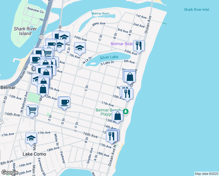 map of restaurants, bars, coffee shops, grocery stores, and more near 200 10th Avenue in Belmar