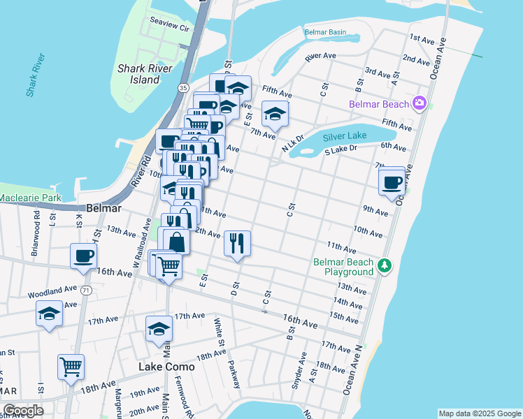 map of restaurants, bars, coffee shops, grocery stores, and more near 419 11th Avenue in Belmar