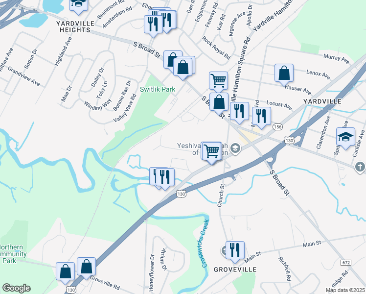 map of restaurants, bars, coffee shops, grocery stores, and more near 91 Martins Lane in Hamilton Township