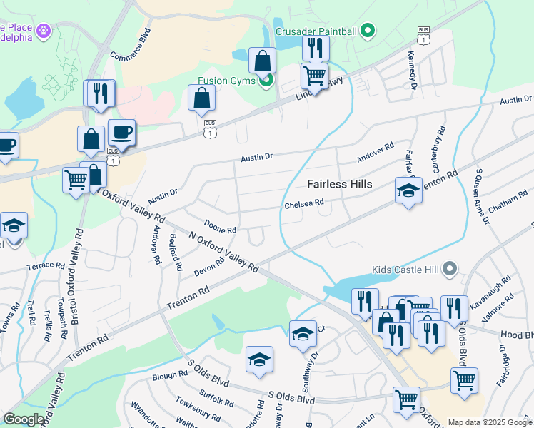 map of restaurants, bars, coffee shops, grocery stores, and more near 314 Chelsea Road in Fairless Hills