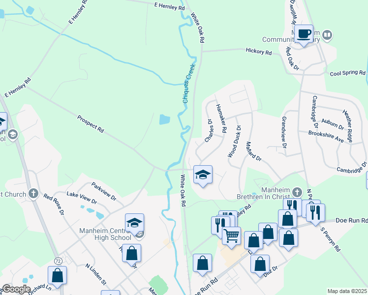 map of restaurants, bars, coffee shops, grocery stores, and more near 327 White Oak Road in Manheim